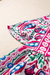 Pink Bohemian Print Tie Neck Ruffle Hem Short Dress