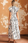 White Abstract Vein Print V Neck Ruffle Maxi Dress
