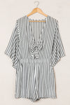 Gray 3/4 Wide Kimono Sleeves Tie Front Striped Romper with Pockets