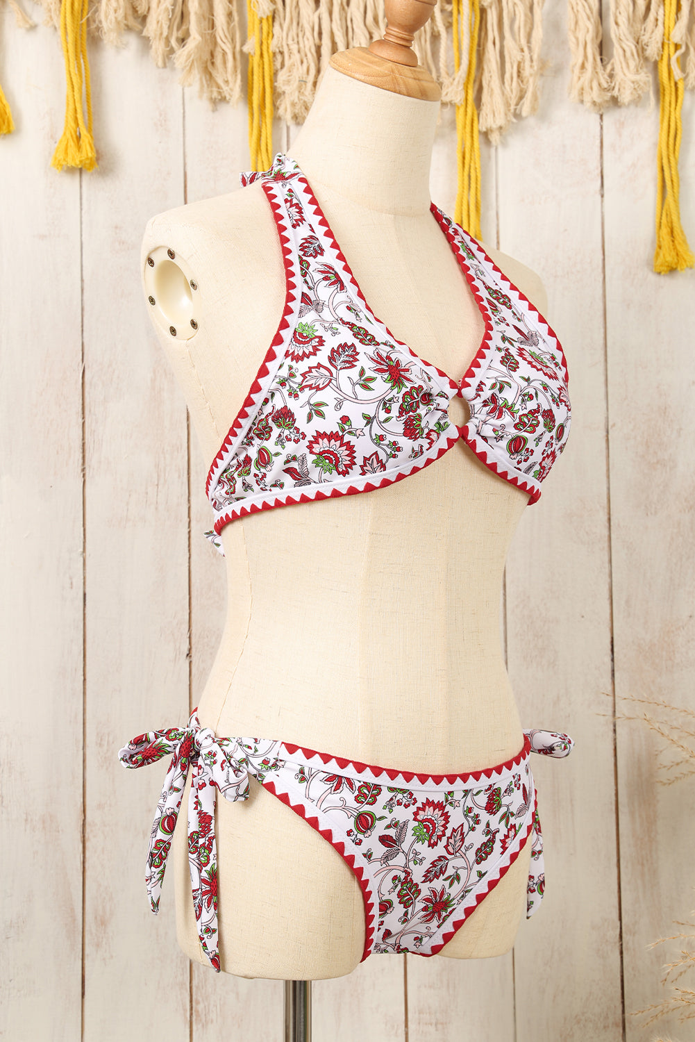 Red Floral Halter O-Ring Backless Knot Bikini Set