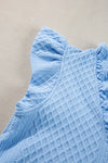 Light Blue Textured Puff Sleeve Ruffled V Neck Shift Mini Dress