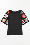 Black Floral Crochet Short Sleeve Top