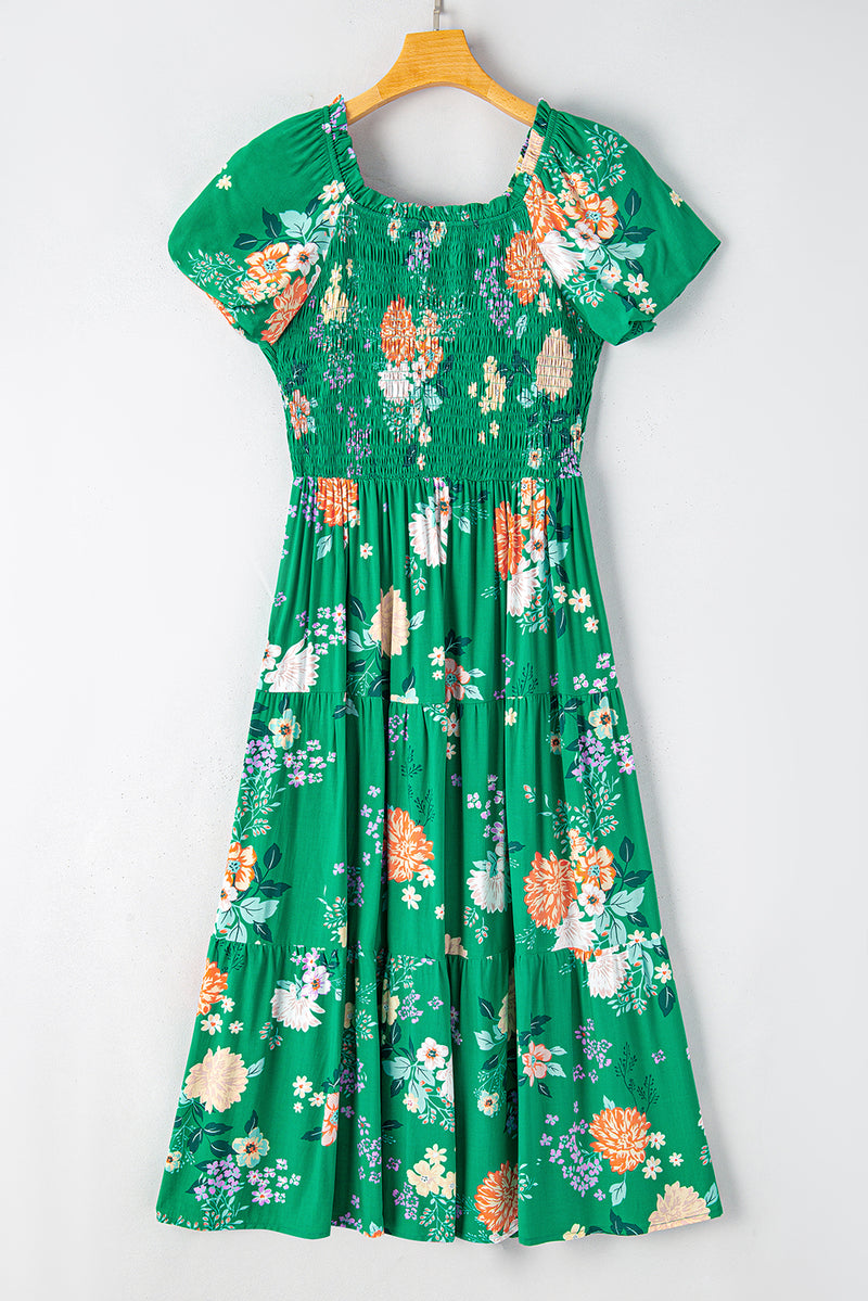 Green Floral Print Bubble Sleeve Smocked Tiered Midi Dress