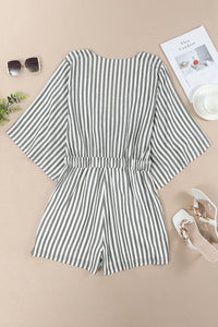 Gray 3/4 Wide Kimono Sleeves Tie Front Striped Romper with Pockets