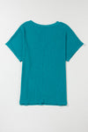 Blue Sapphire Crinkled V Neck Wide Sleeve T-shirt