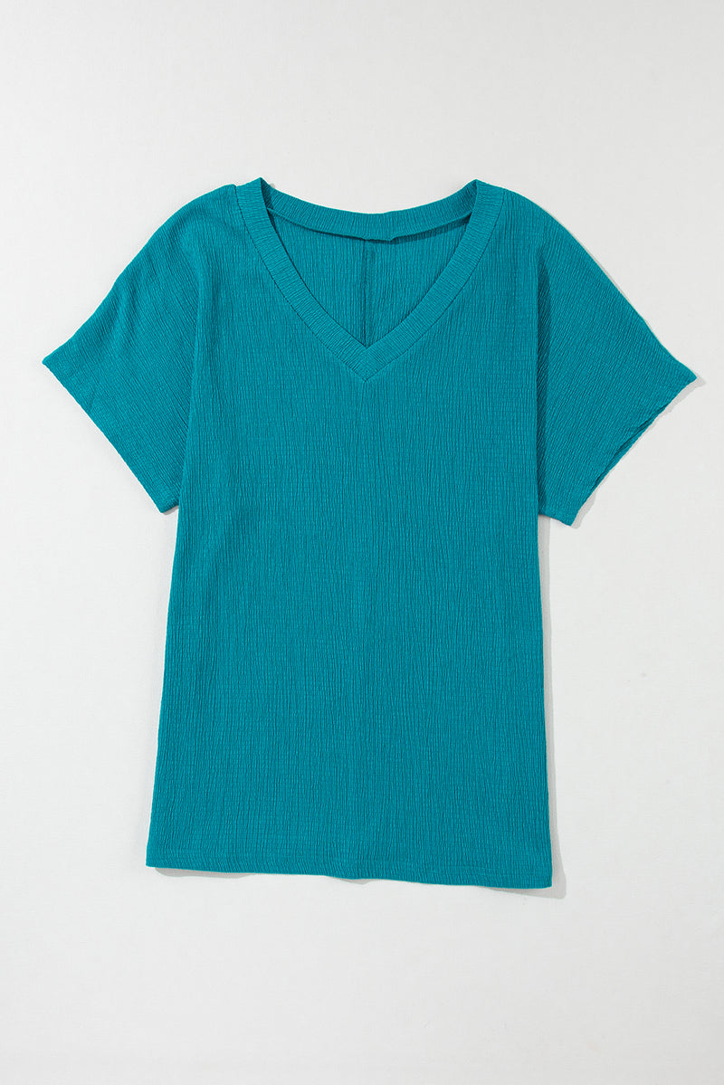 Blue Sapphire Crinkled V Neck Wide Sleeve T-shirt